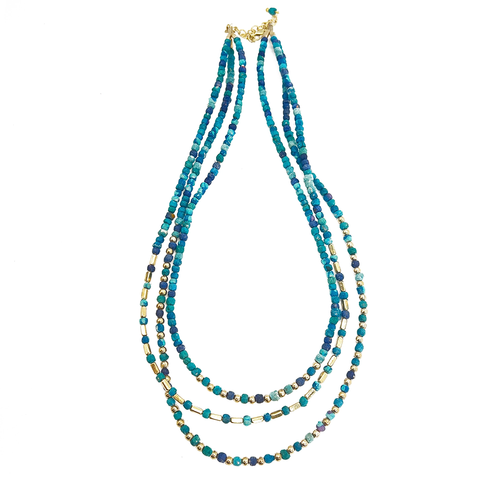 Three strand necklace blue sari fabric beads and gold beads.