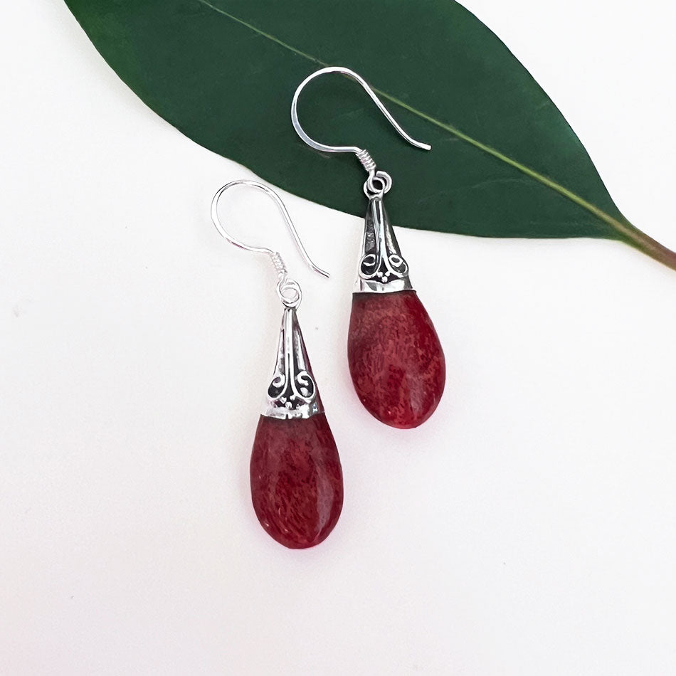Fair trade red coral sterling earrings