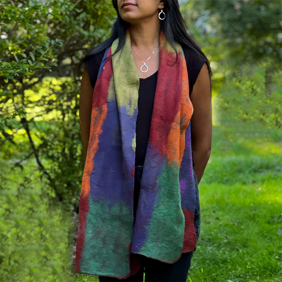Impressionist Felt Silk Scarf - Green Mix, Nepal