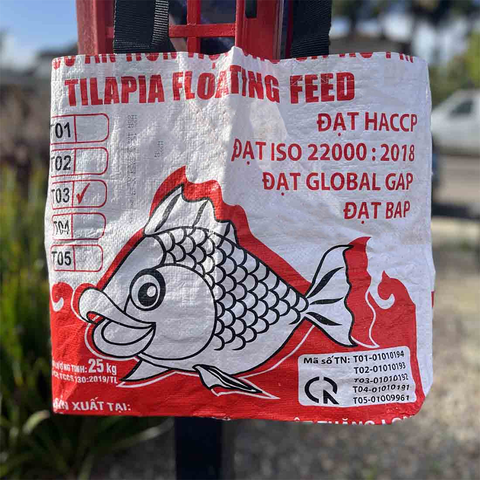 Recycled Feed Bag Tote - Red Fish, Cambodia