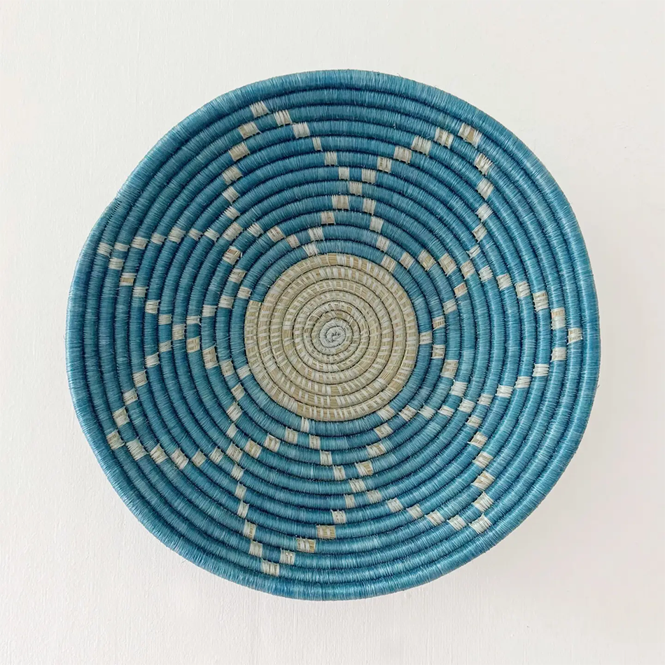 Fair trade basket blue with white star sweetgrass handmade by women in Rwanda.