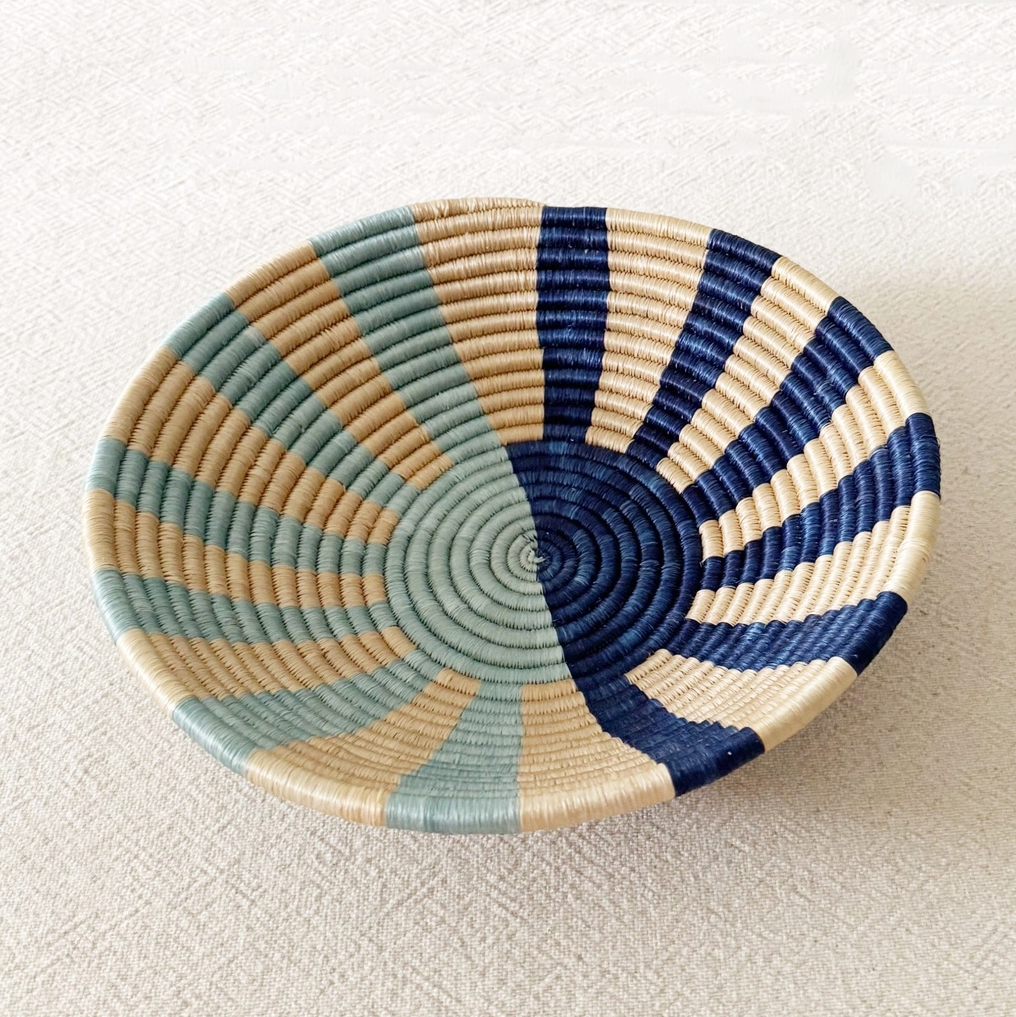 Fair trade sisal bowl basket sweetgrass blue flower design.