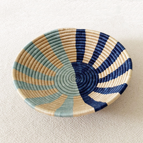 Fair trade sisal bowl basket sweetgrass blue flower design.