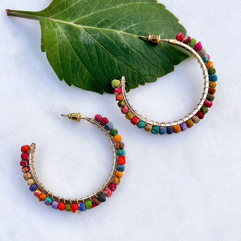 Fair trade recycled sari hoops earrings