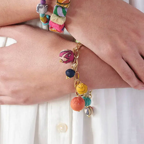 Fair trade recycled sari charm bracelet