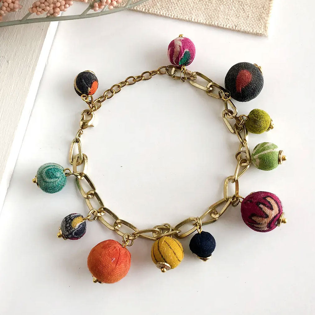 Fair trade recycled sari charm bracelet