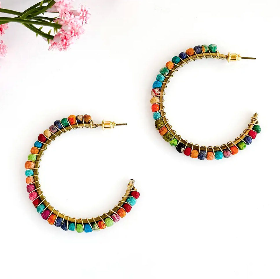 Fair trade recycled sari hoops earrings