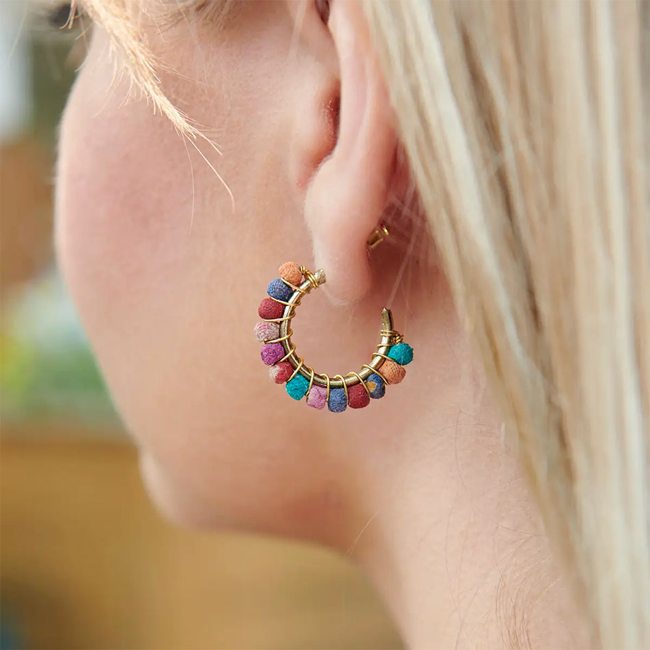 Fair trade recycled sari hoops earrings ethically handmade