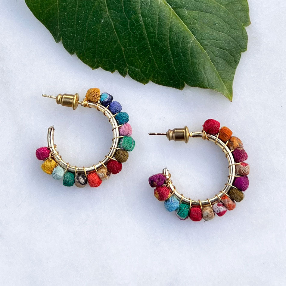 Recycled sari fair trade hoops earrings