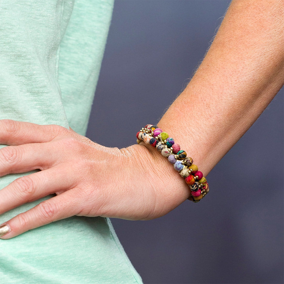 Fair trade recycled sari bracelet handmade by artisans in India.