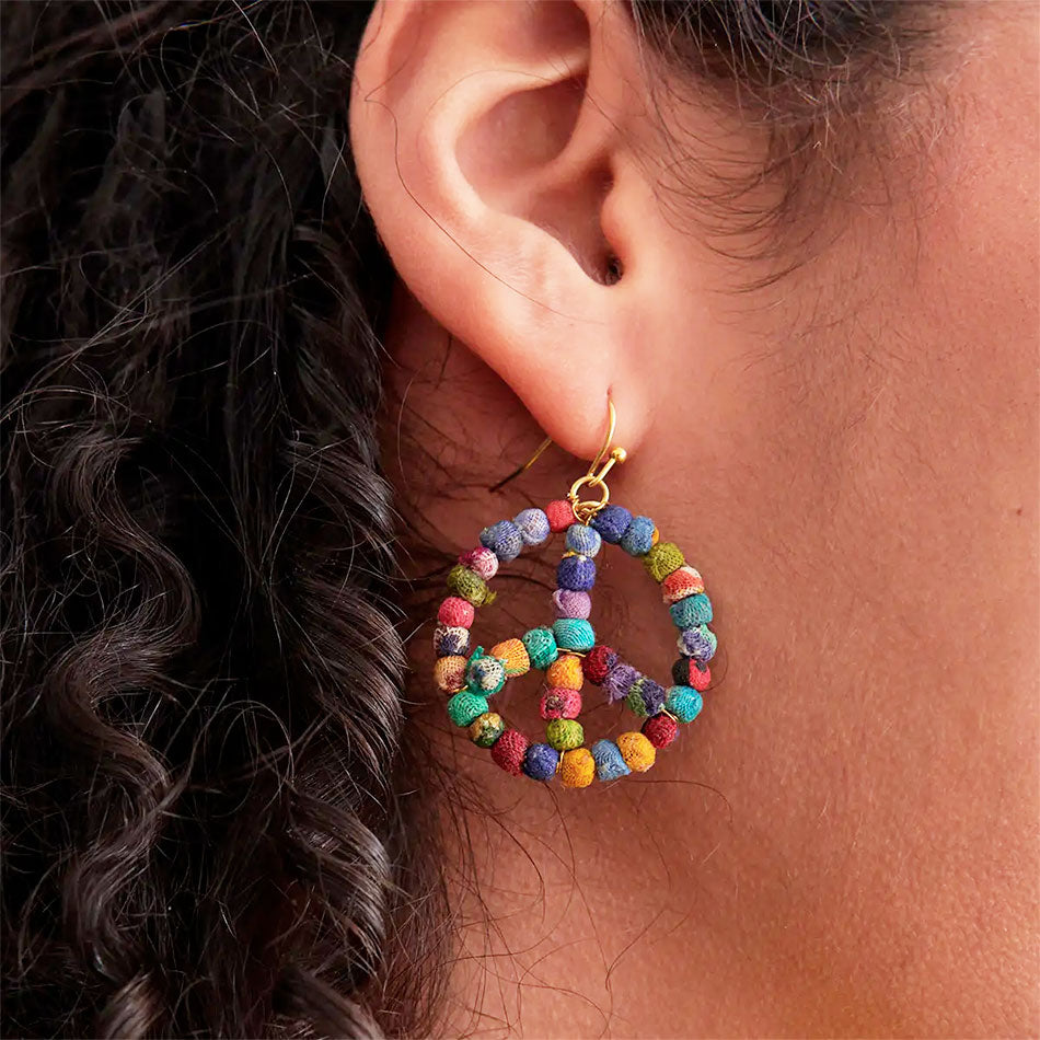 Fair trade recycled sari peace sign earrings