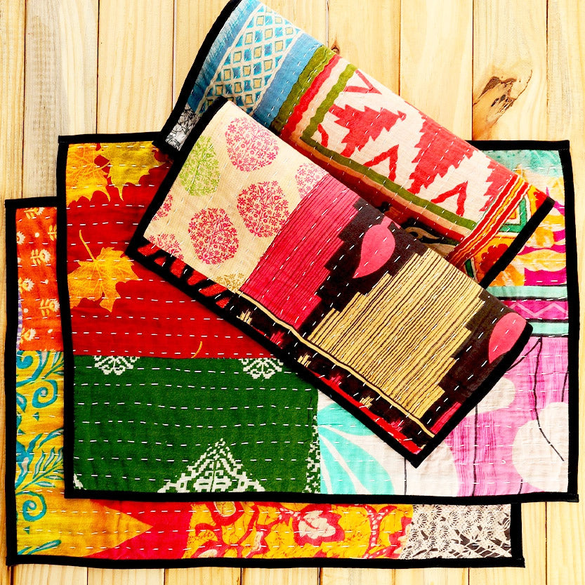 Fair trade recycled sari placemats handmade by artisans in India.