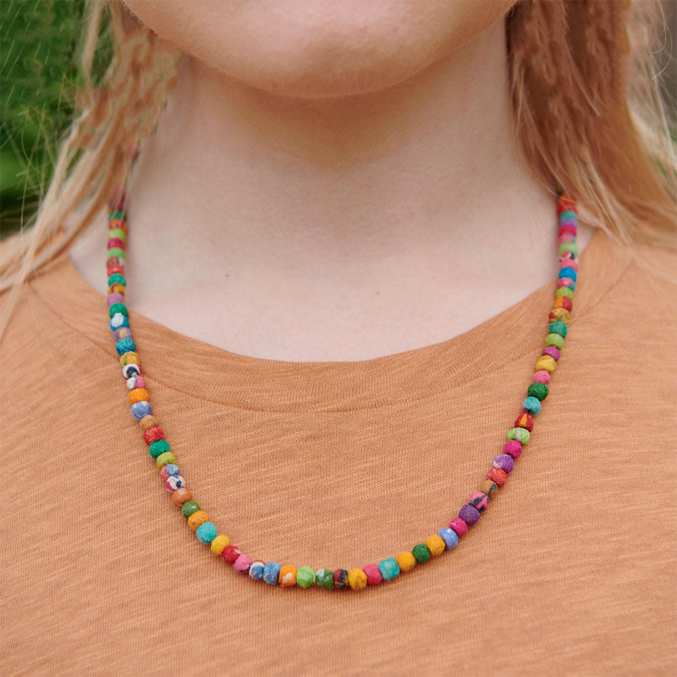 Fair trade recycled sari necklace handmade by women artisans