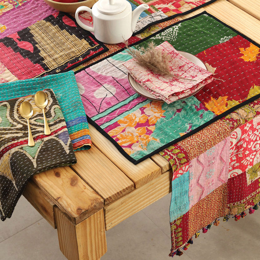 Fair trade recycled sari placemats handmade by artisans in India.