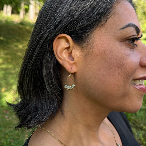 Fair trade brass teardrop and brass bead apatite stone earrings.