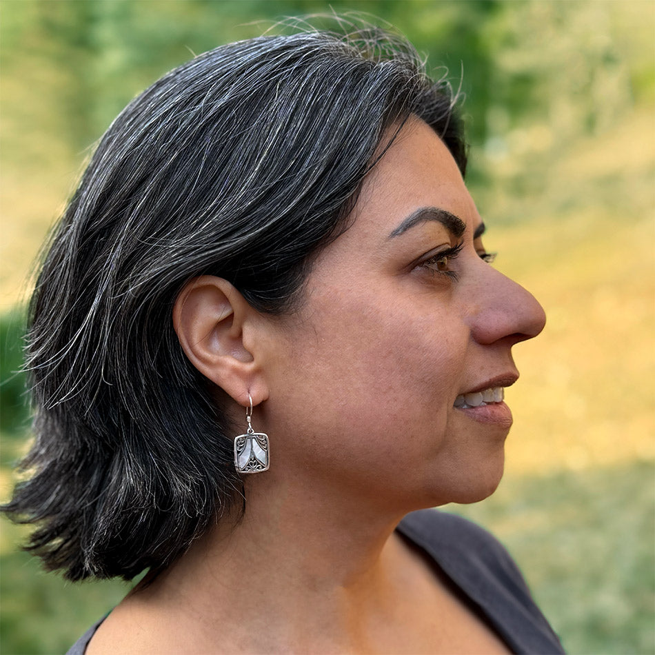 Fair trade sterling silver square mother of pearl earrings.