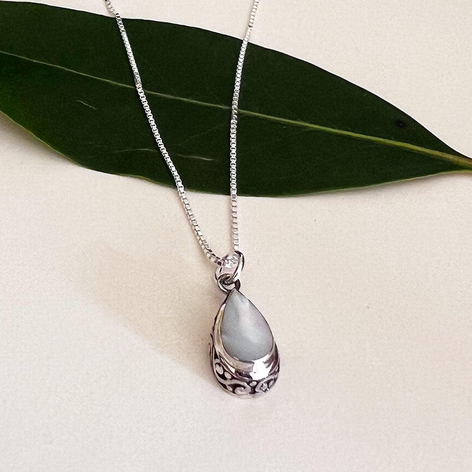 Mother-of-Pearl Teardrop Filigree Necklace - Sterling Silver, Indonesia