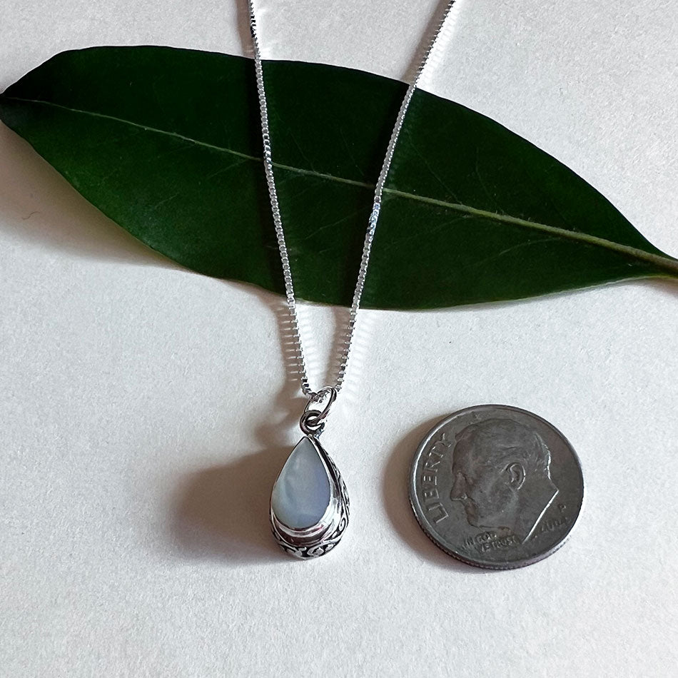 Mother-of-Pearl Teardrop Filigree Necklace - Sterling Silver, Indonesia