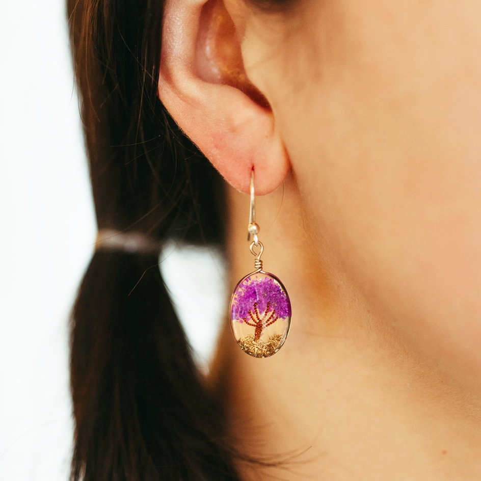 Purple clear resin tree earrings