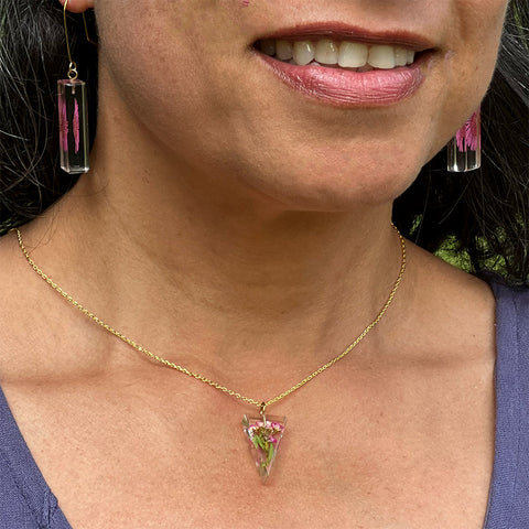 Fair trade eco resin botanical necklace handmade by artisans in Colombia.