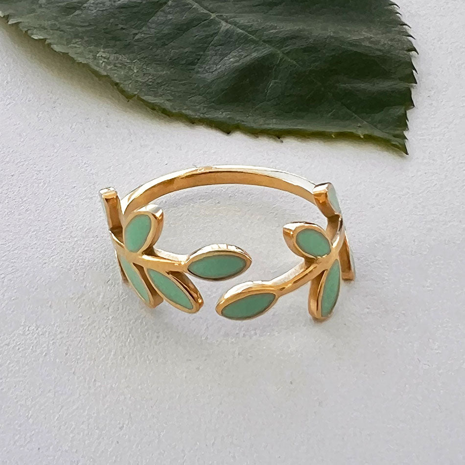 Fair trade leaf ring handmade by survivors of human trafficking