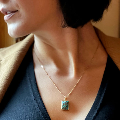 Fair trade turquoise necklace handmade by survivors of human trafficking