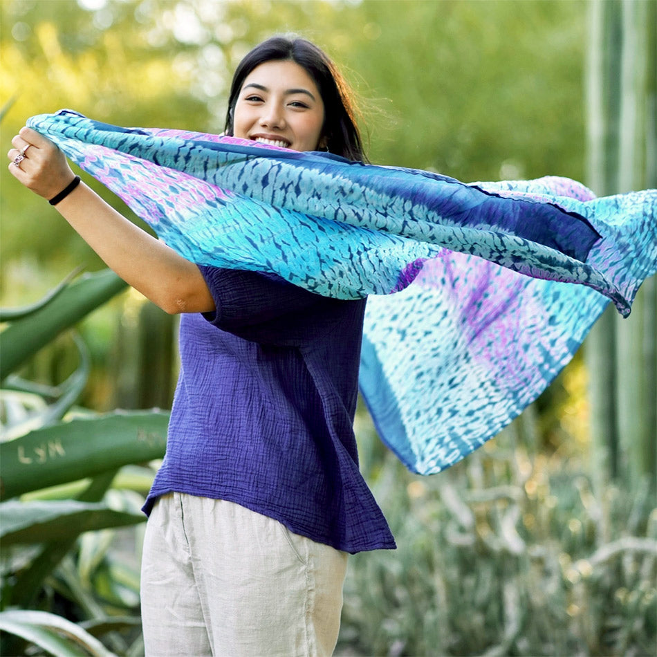 Fair trade silk shibori scarf handmade by artisans in India.