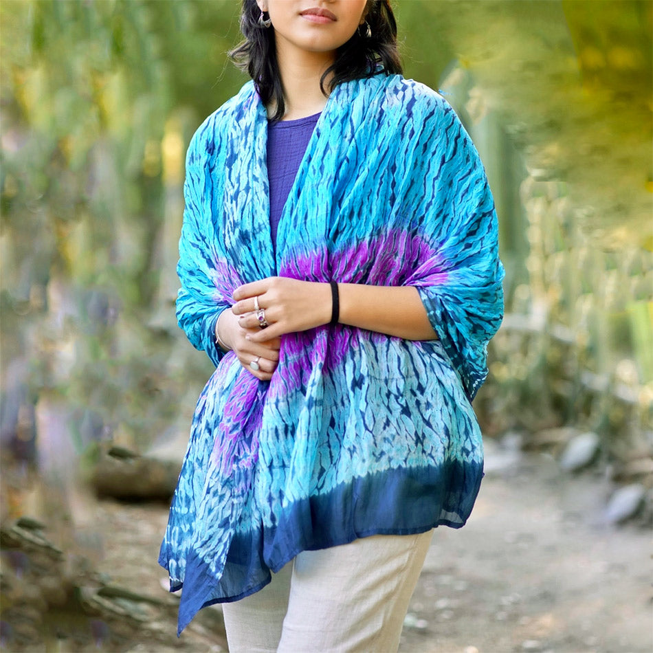 Fair trade silk shibori scarf handmade by artisans in India.