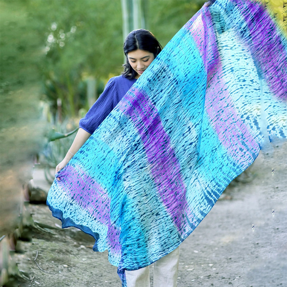 Shibori Silk Scarf/Wrap - Purple/Blue (large), India