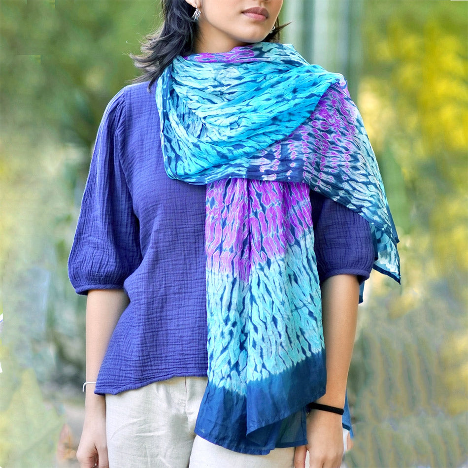 Fair trade silk shibori scarf handmade by artisans in India