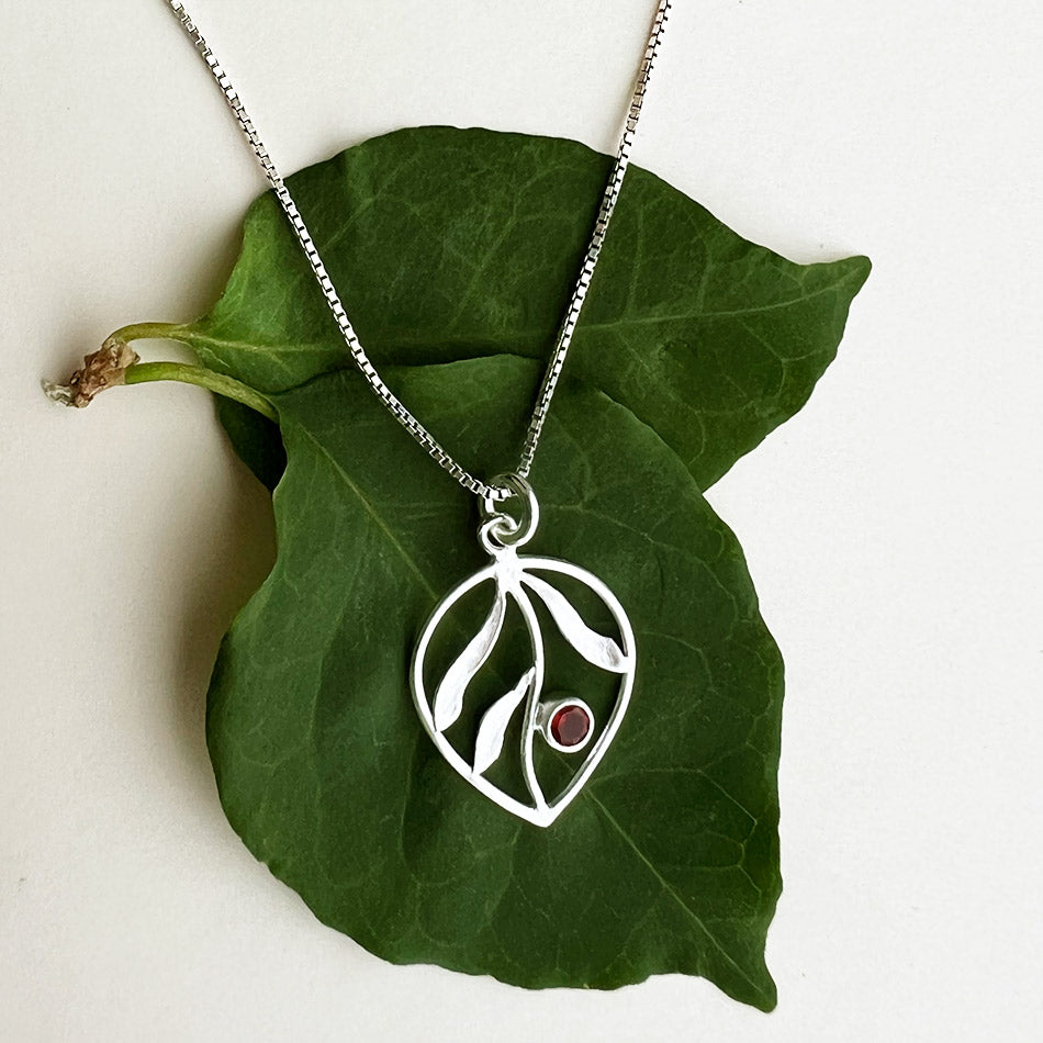 Fair trade sterling silver garnet leaf necklace