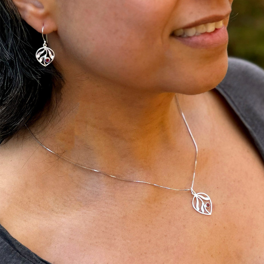 Fair trade sterling silver garnet leaf necklace