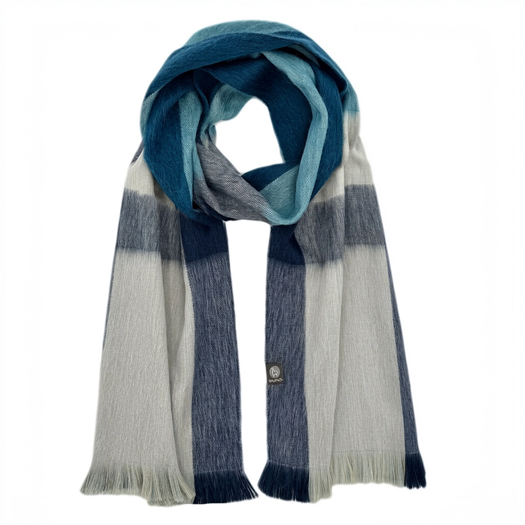 Alpaca scarf with white, gray and blue plaid design 
