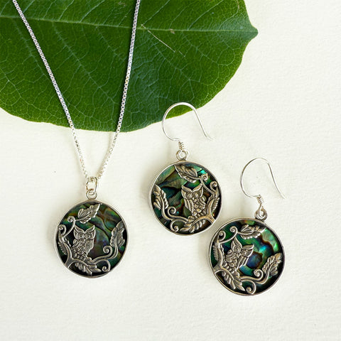 Fair trade sterling silver abalone earrings owl