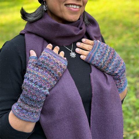 Fair trade textured baby alpaca fingerless gloves purple, pink, blue gold.