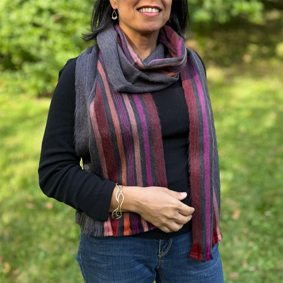 Fair trade alpaca scarf handmade by artisans in Educador.