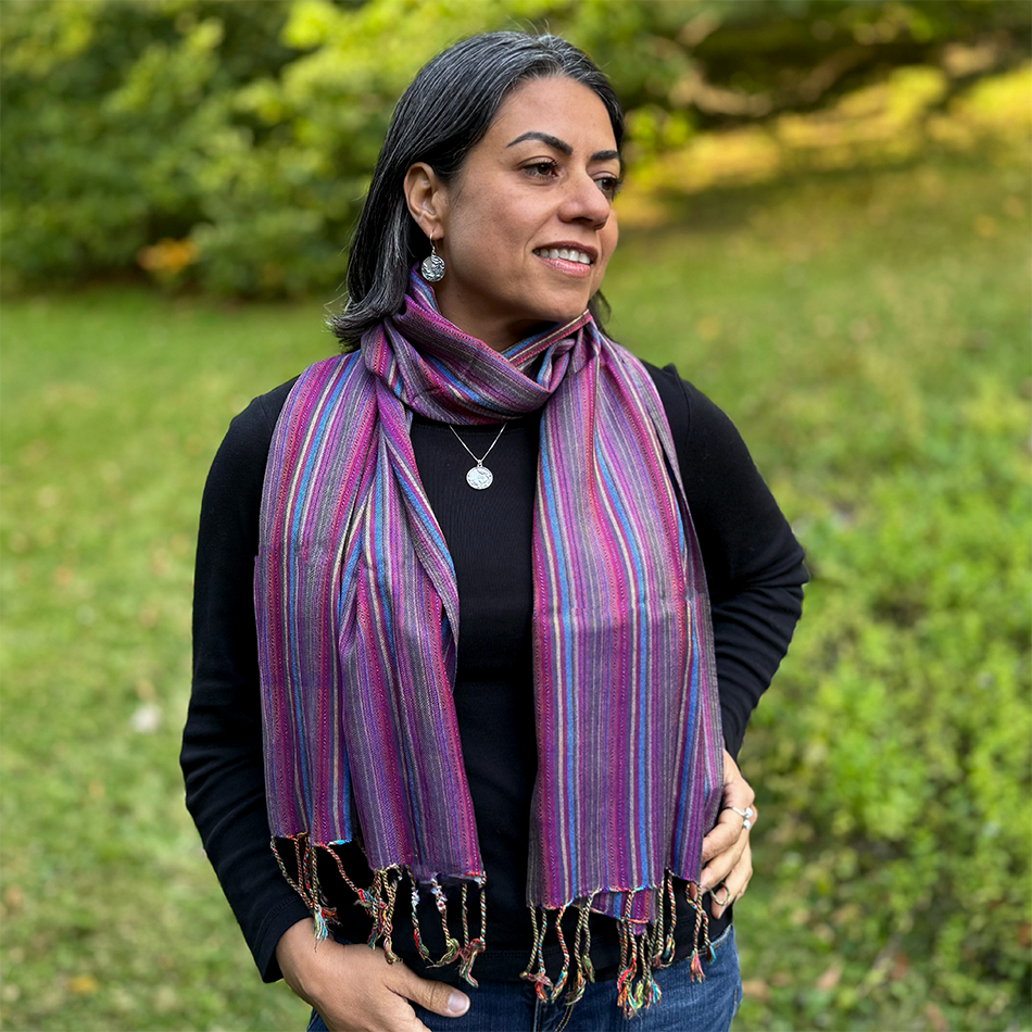 Fair trade ethically handmade purple stripe bamboo scarf
