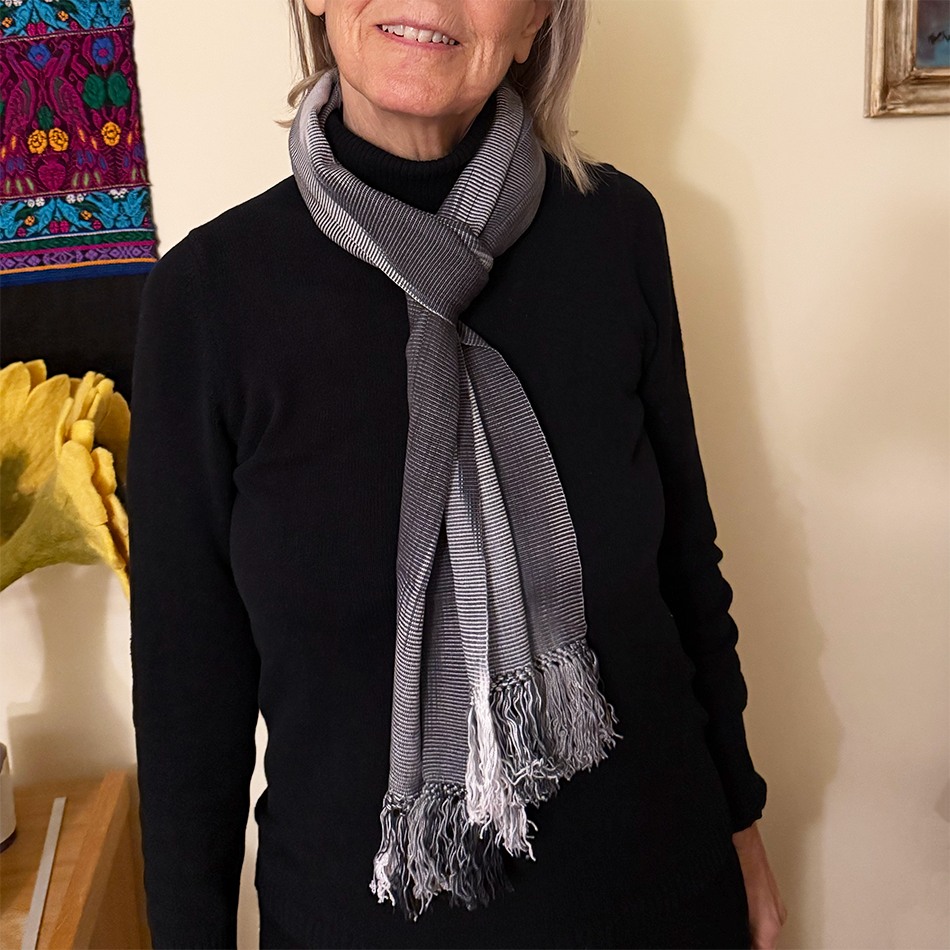 Soft bamboo scarf, lightweight in black and gray pattern.