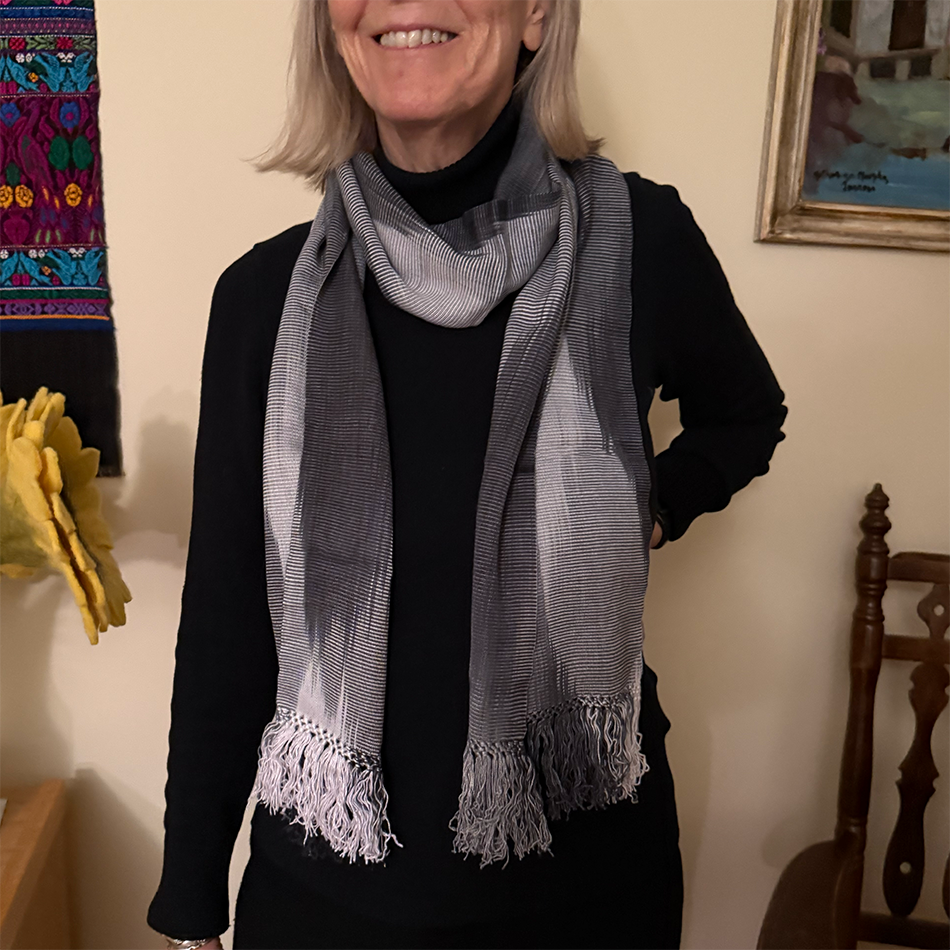 Soft bamboo scarf, lightweight in black and gray pattern.