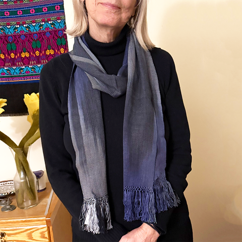 Soft bamboo scarf, lightweight in a dark blue pattern.