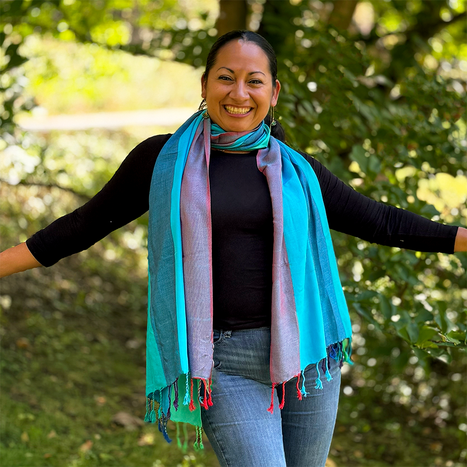 The scarf is large enough to wear as a wrap for those cool days and nights, as well as around the neck. 