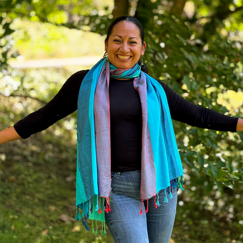 The scarf is large enough to wear as a wrap for those cool days and nights, as well as around the neck. 
