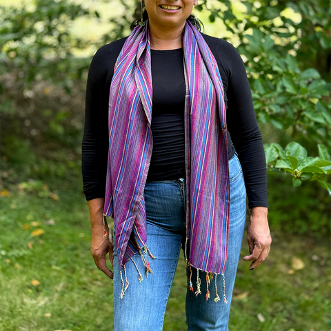 Fair trade ethically handmade purple stripe bamboo scarf