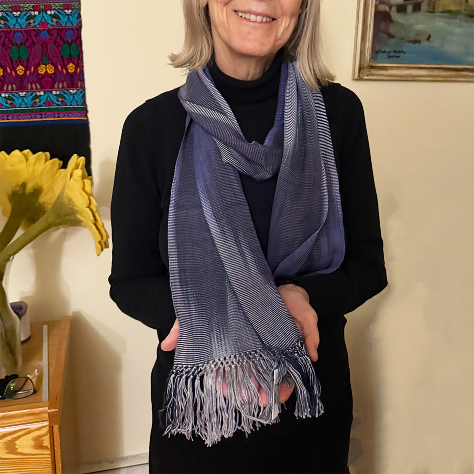 Soft bamboo scarf, lightweight in a dark blue pattern.