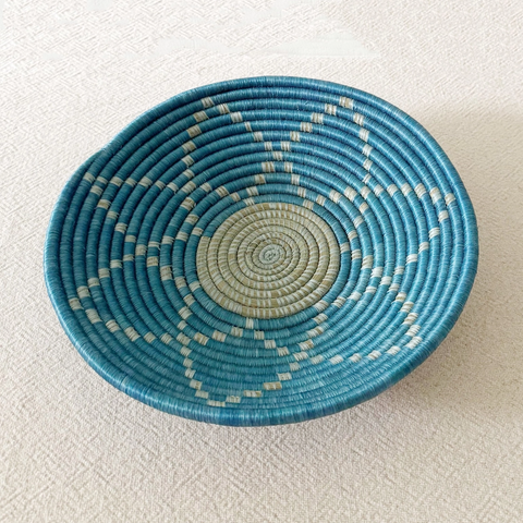 Fair trade basket blue with white star sweetgrass handmade by women in Rwanda.