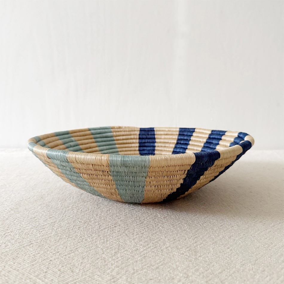 Fair trade sisal bowl basket sweetgrass blue flower design.
