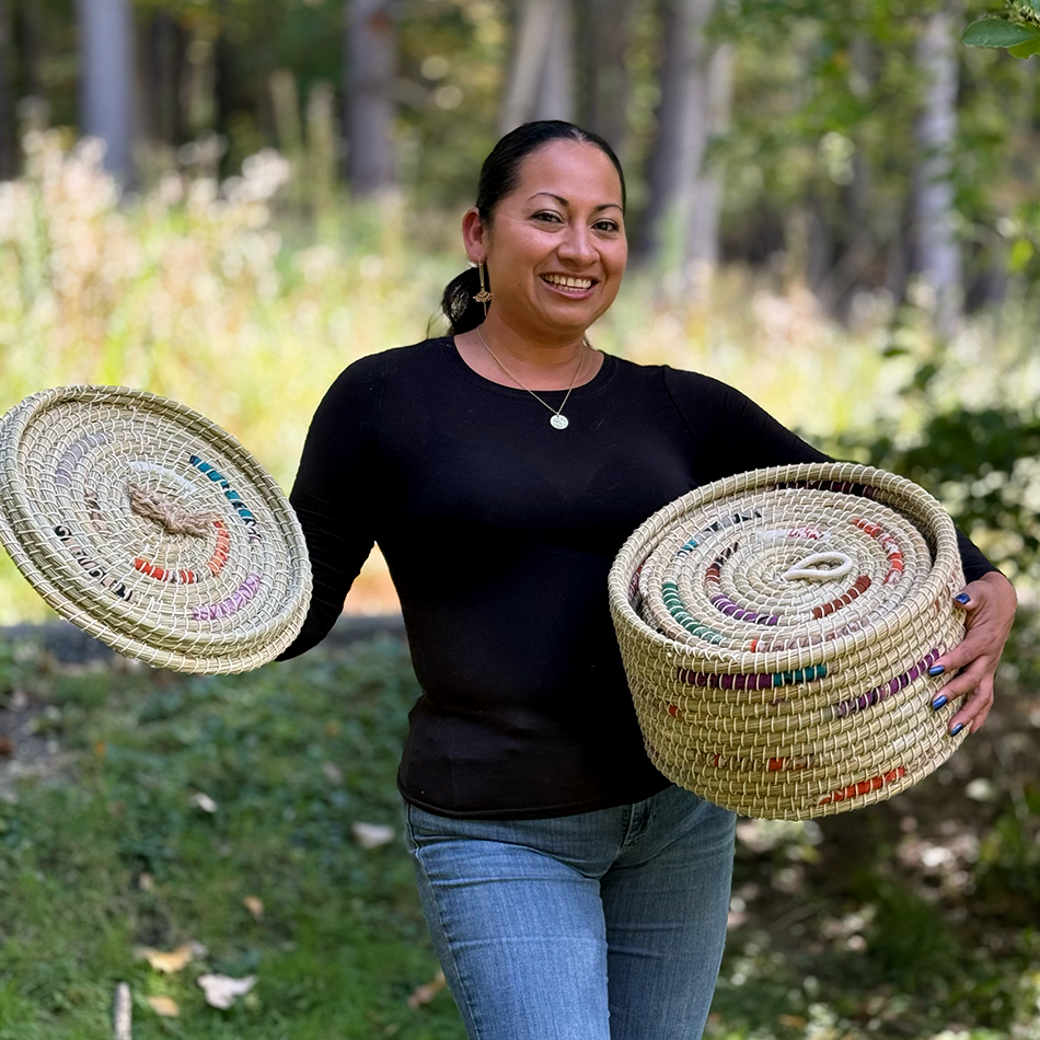 Large fair trade basket with sari fabric set of 2.