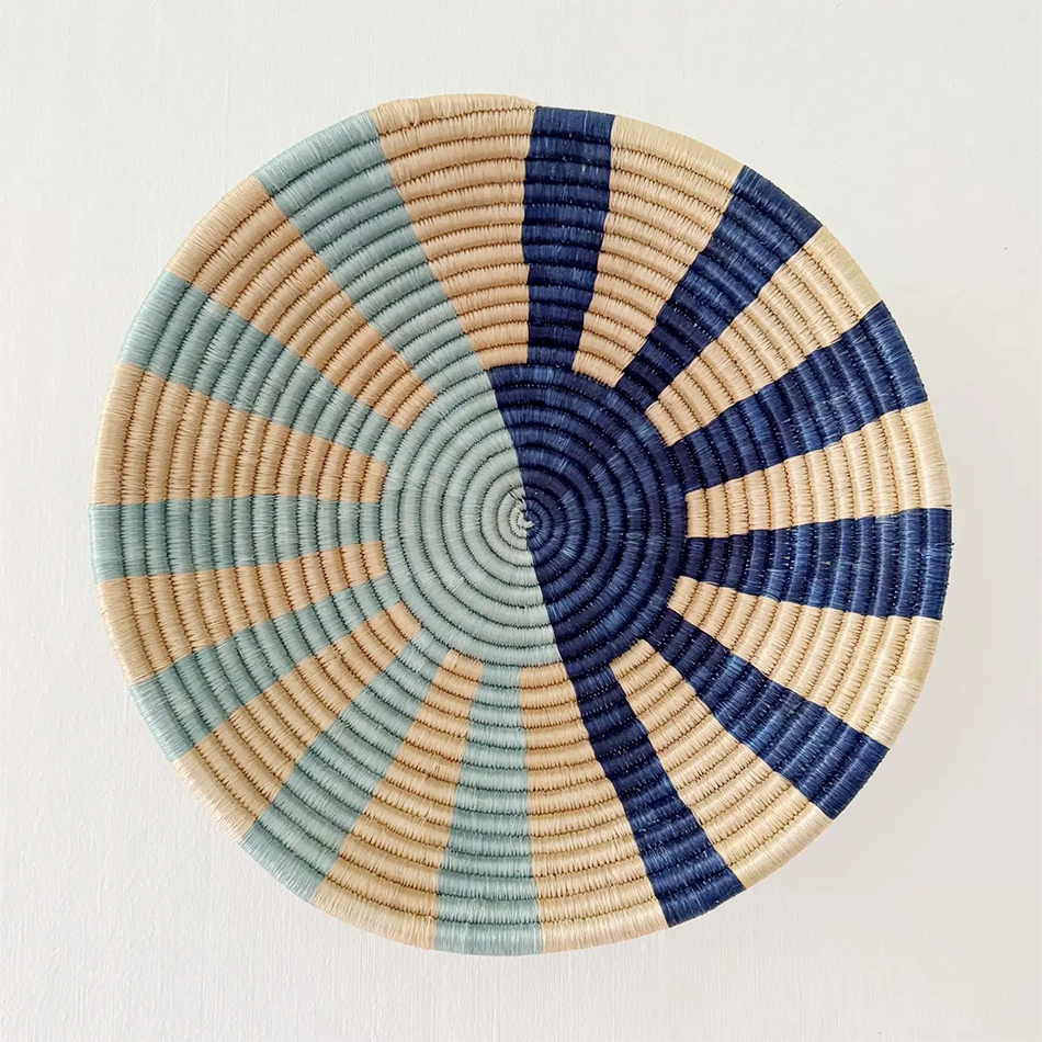 Fair trade sisal bowl basket sweetgrass blue flower design.