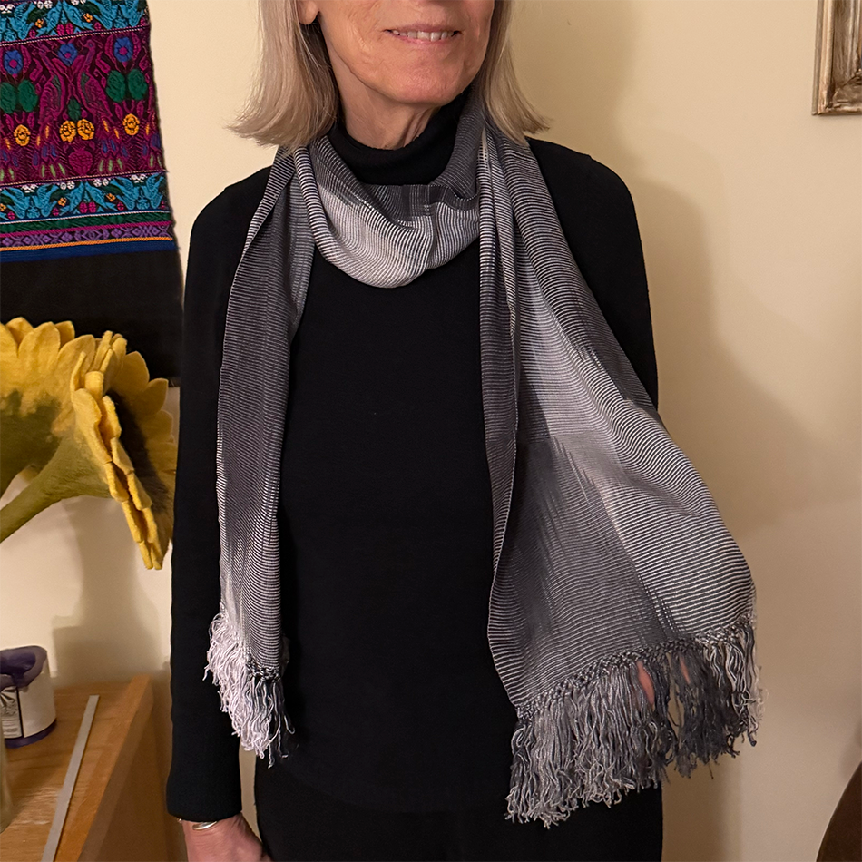 Soft bamboo scarf, lightweight in black and gray pattern.