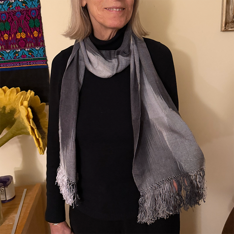 Soft bamboo scarf, lightweight in black and gray pattern.